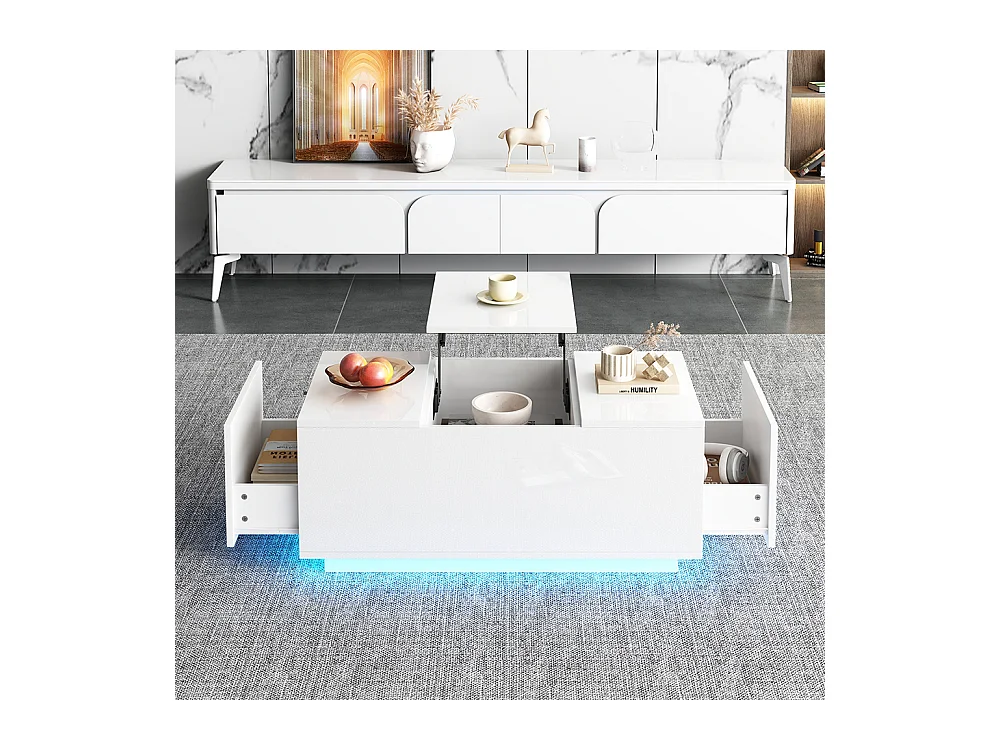 Table basse relevable 95x48x40 cm blanc plateau réglable LED extensible 2 tiroirs