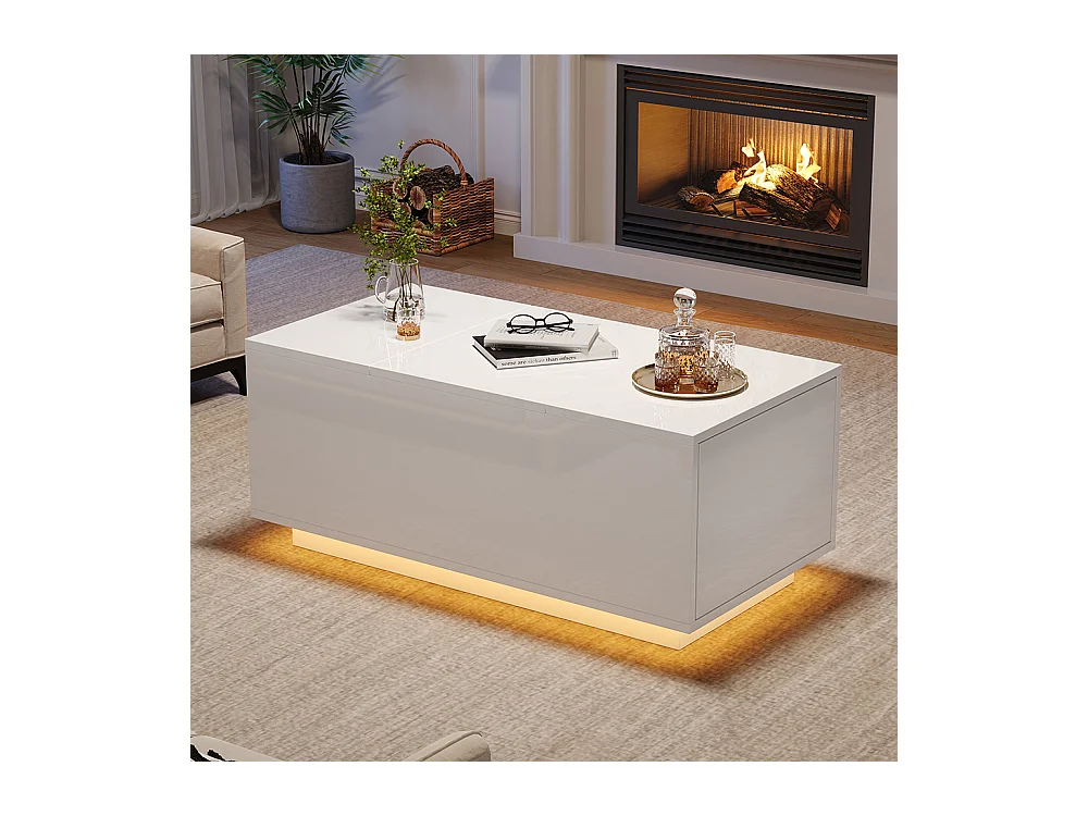 Table basse relevable 95x48x40 cm blanc plateau réglable LED extensible 2 tiroirs