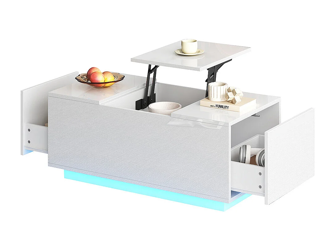 Table basse relevable 95x48x40 cm blanc plateau réglable LED extensible 2 tiroirs