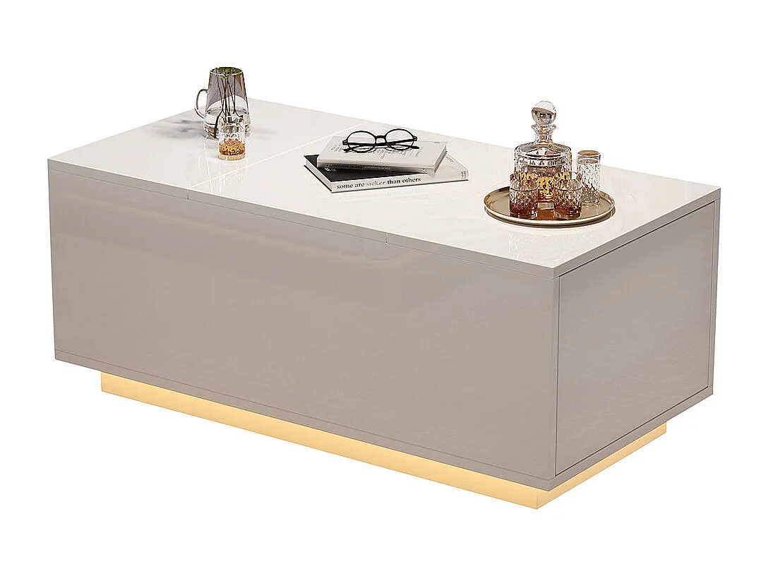 Table basse relevable 95x48x40 cm blanc plateau réglable LED extensible 2 tiroirs