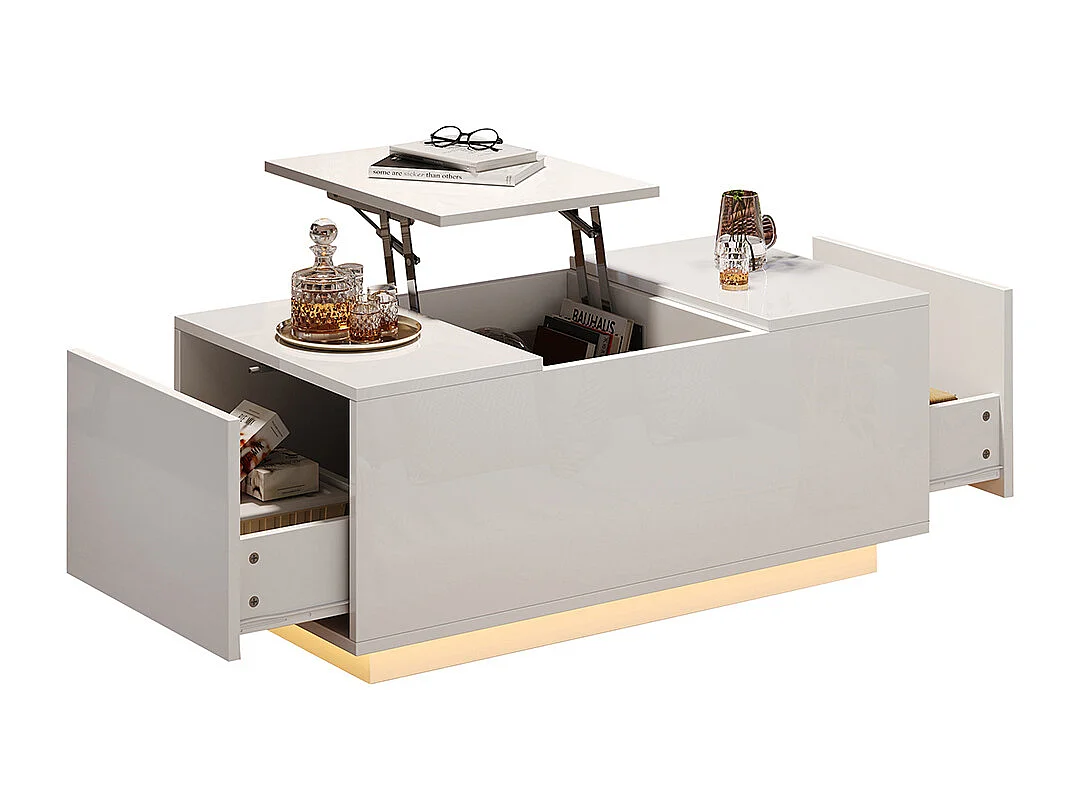 Table basse relevable 95x48x40 cm blanc plateau réglable LED extensible 2 tiroirs