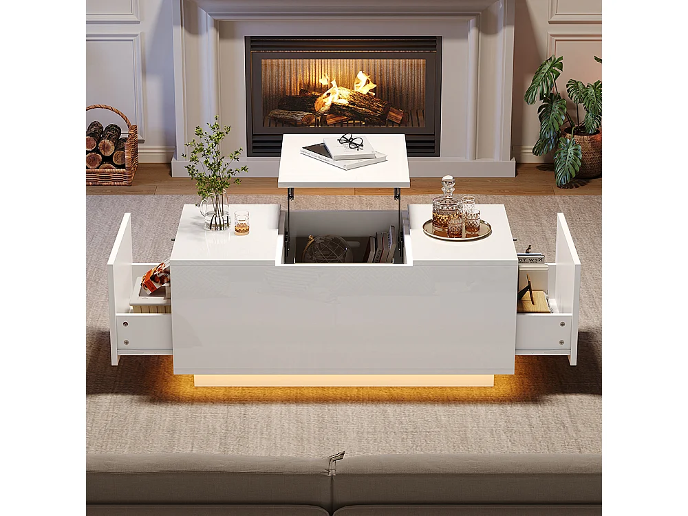 Table basse relevable 95x48x40 cm blanc plateau réglable LED extensible 2 tiroirs