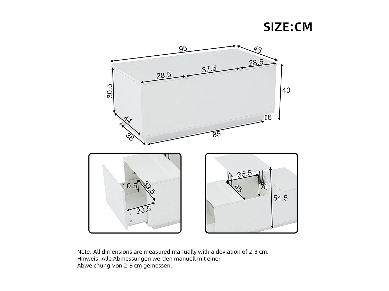 Table basse relevable 95x48x40 cm blanc plateau réglable LED extensible 2 tiroirs