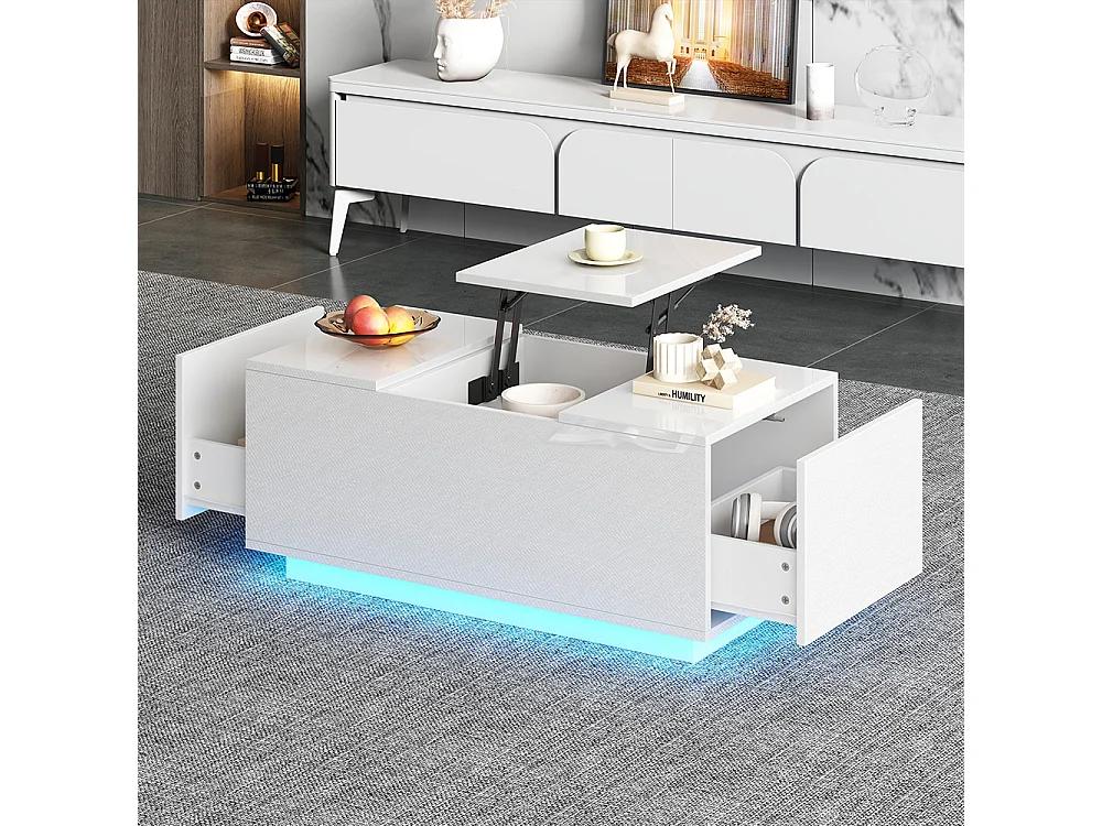 Table basse relevable 95x48x40 cm blanc plateau réglable LED extensible 2 tiroirs