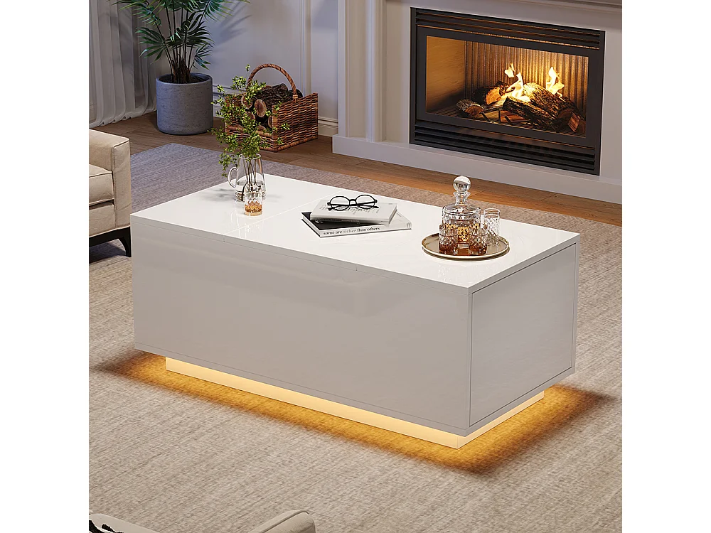 Table basse relevable 95x48x40 cm blanc plateau réglable LED extensible 2 tiroirs