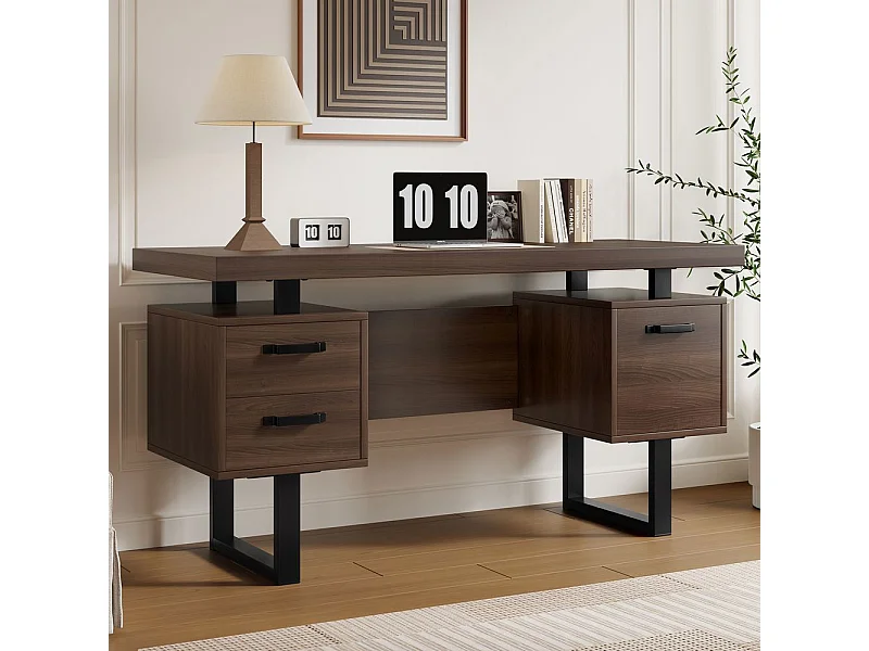 Bureau simple plateau MDF tube acier tiroir silencieux classeur spacieux antieclaboussures rangement efficace marron