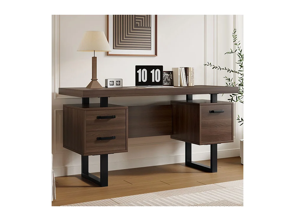Bureau simple plateau MDF tube acier tiroir silencieux classeur spacieux antieclaboussures rangement efficace marron