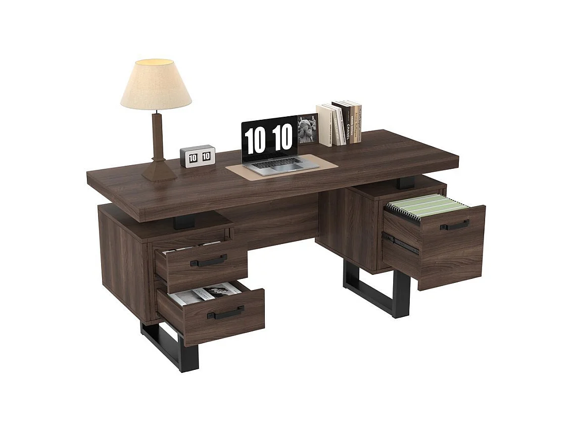 Bureau simple plateau MDF tube acier tiroir silencieux classeur spacieux antieclaboussures rangement efficace marron