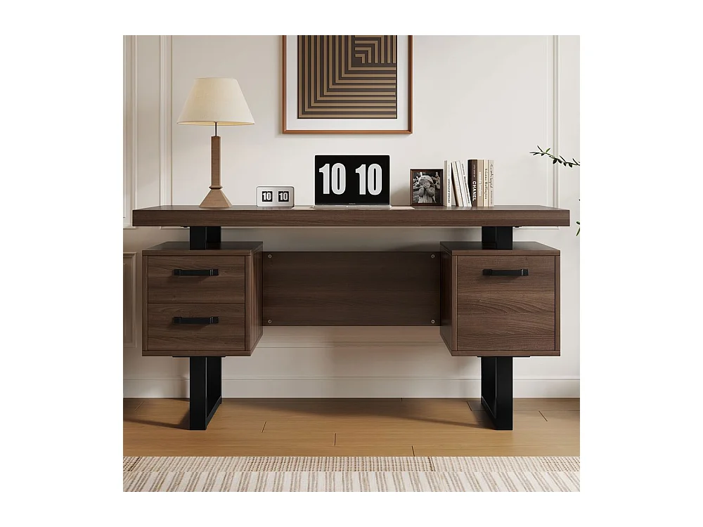 Bureau simple plateau MDF tube acier tiroir silencieux classeur spacieux antieclaboussures rangement efficace marron