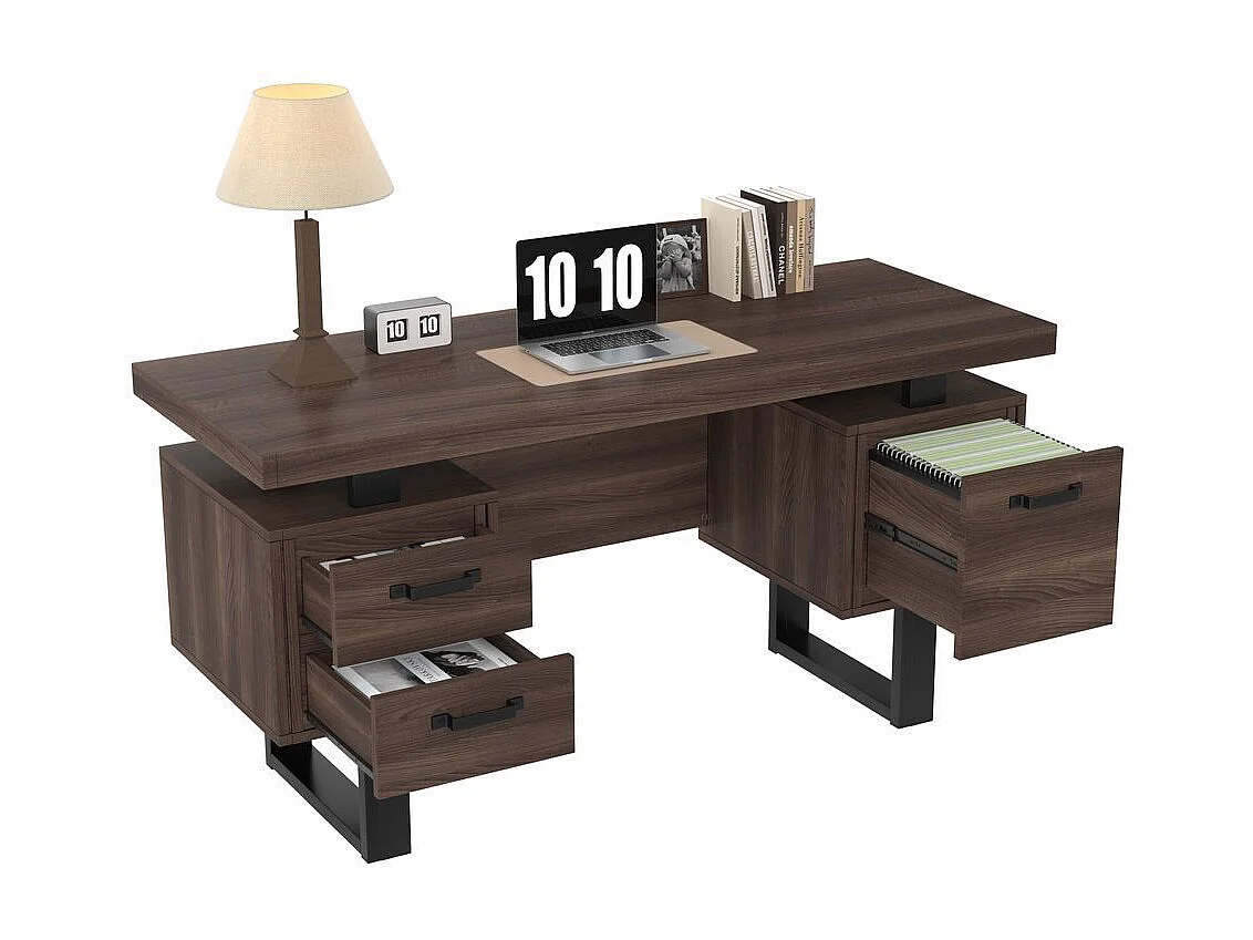 Bureau simple plateau MDF tube acier tiroir silencieux classeur spacieux antieclaboussures rangement efficace marron