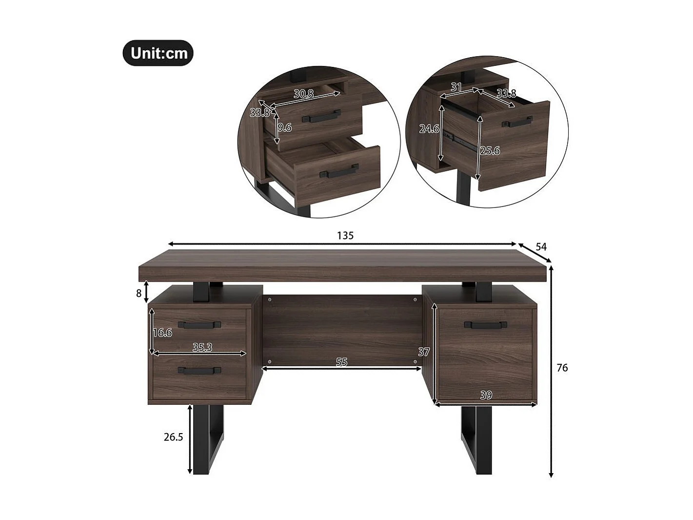 Bureau simple plateau MDF tube acier tiroir silencieux classeur spacieux antieclaboussures rangement efficace marron