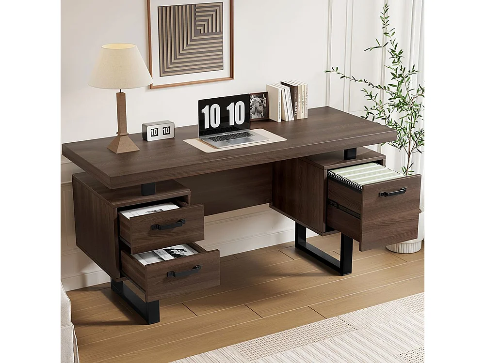 Bureau simple plateau MDF tube acier tiroir silencieux classeur spacieux antieclaboussures rangement efficace marron