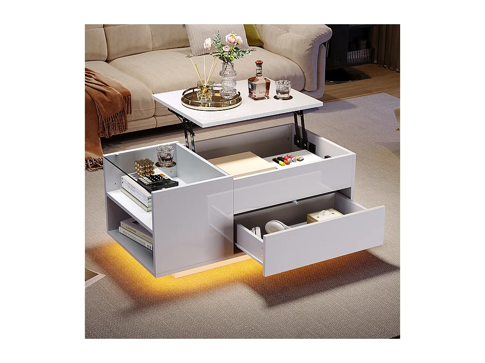 Table basse réglable 95x48x42 cm blanc rangement caché LED tiroir prise électrique