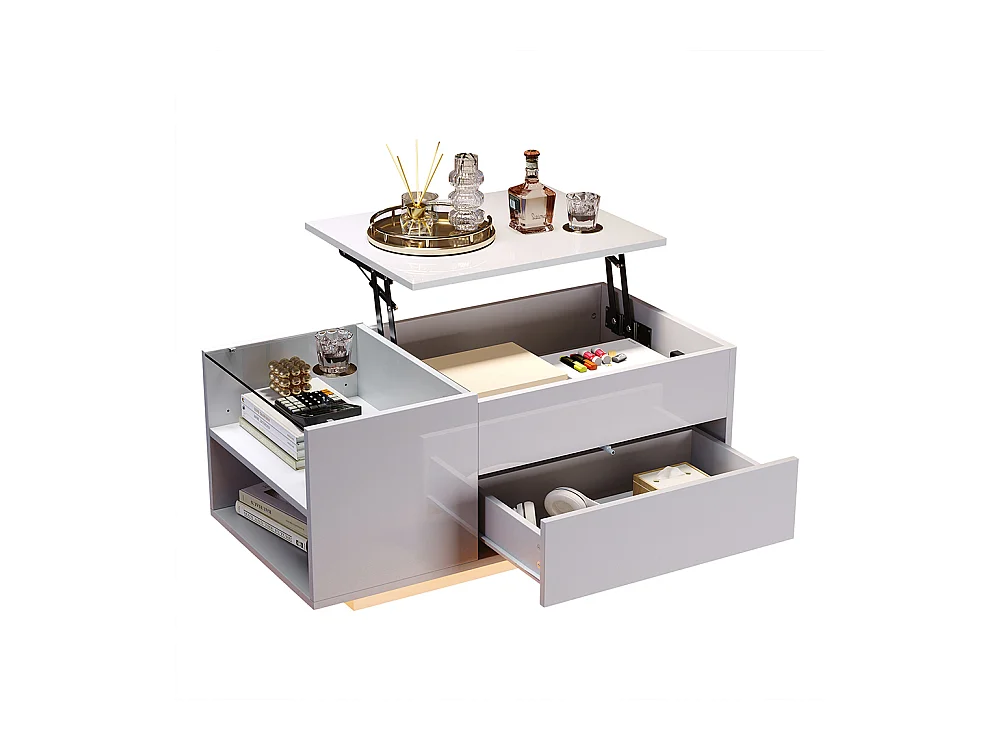 Table basse réglable 95x48x42 cm blanc rangement caché LED tiroir prise électrique