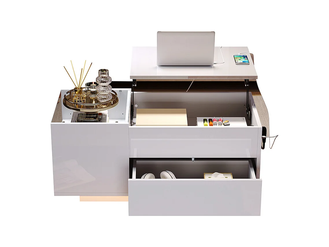 Table basse réglable 95x48x42 cm blanc rangement caché LED tiroir prise électrique