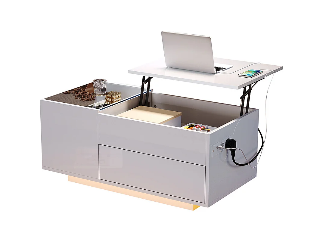 Table basse réglable 95x48x42 cm blanc rangement caché LED tiroir prise électrique