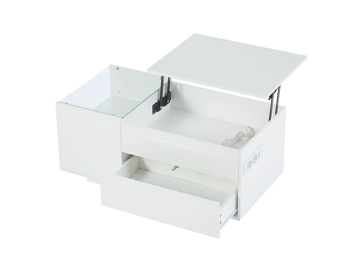 Table basse réglable 95x48x42 cm blanc rangement caché LED tiroir prise électrique
