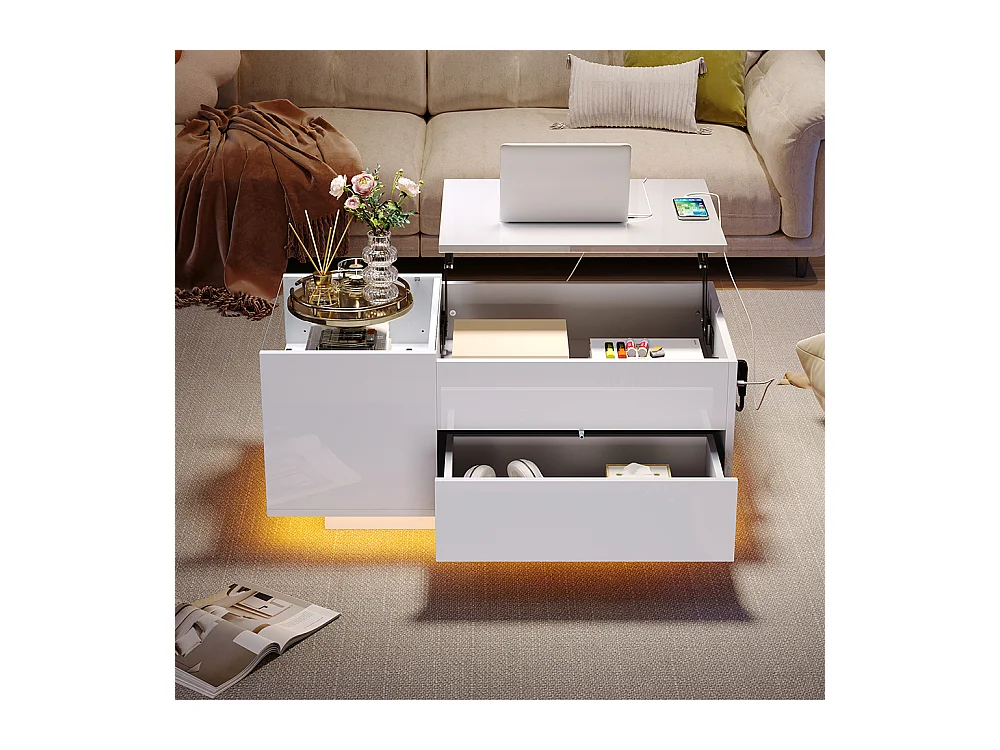 Table basse réglable 95x48x42 cm blanc rangement caché LED tiroir prise électrique