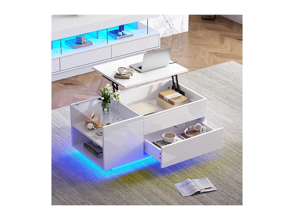 Table basse réglable 95x48x42 cm blanc rangement caché LED tiroir prise électrique
