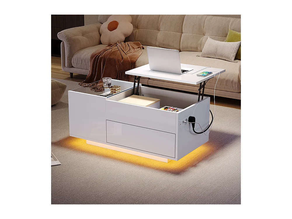 Table basse réglable 95x48x42 cm blanc rangement caché LED tiroir prise électrique