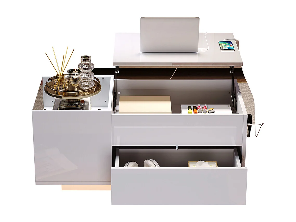 Verstelbare salontafel 95x48x42 cm wit verborgen opbergruimte LED-lade stopcontact