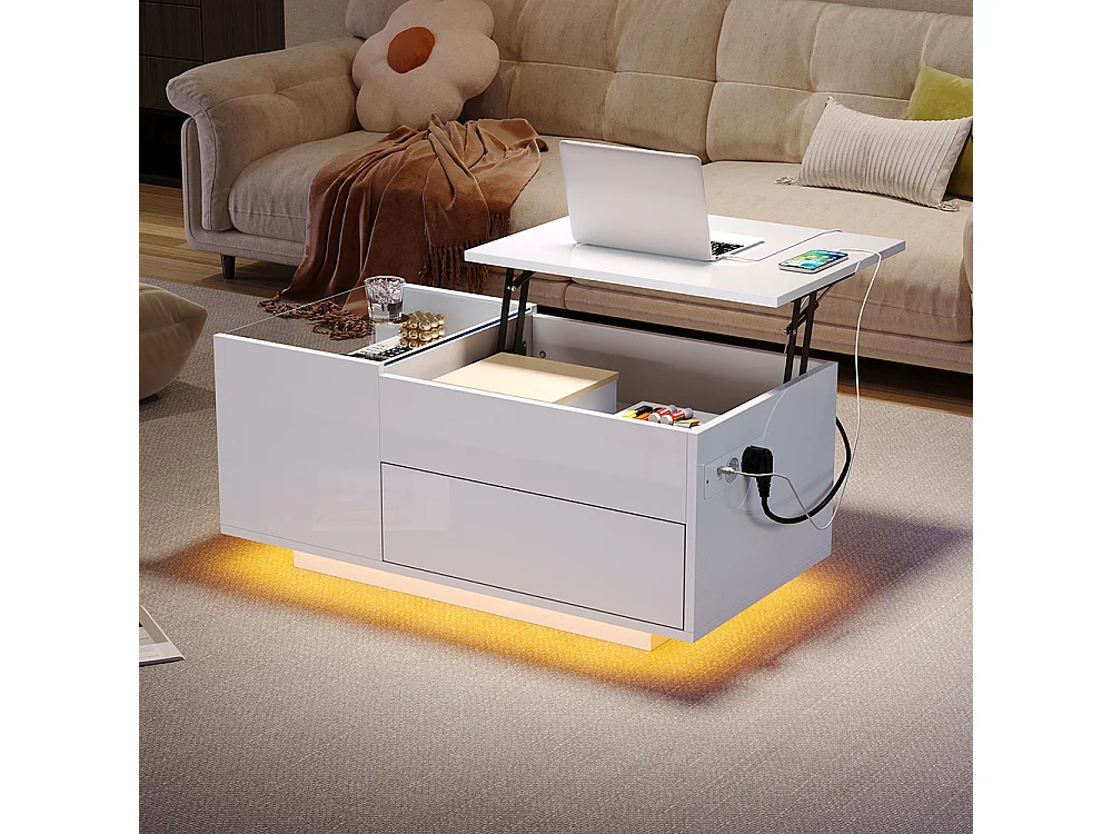 Verstelbare salontafel 95x48x42 cm wit verborgen opbergruimte LED-lade stopcontact