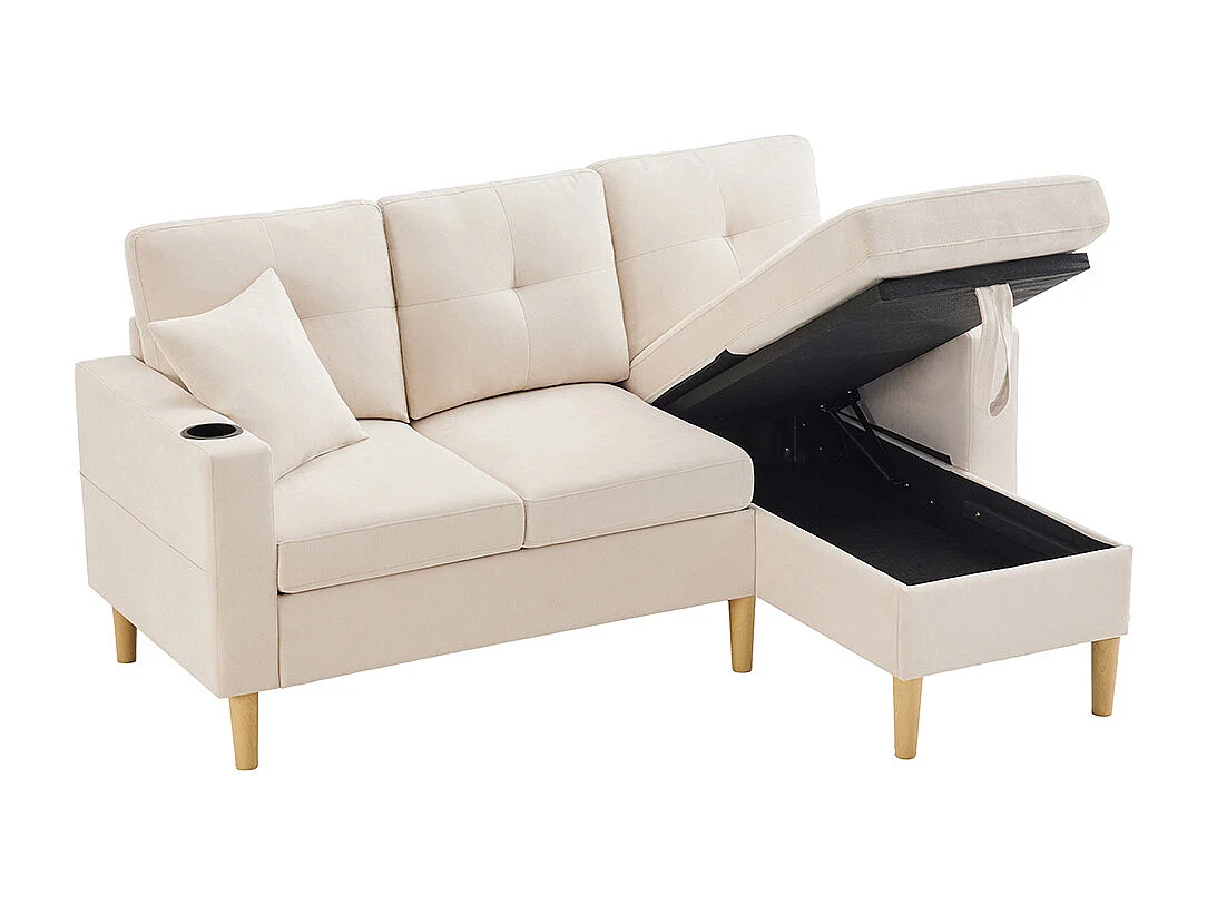 Canapé d'angle moderne L 3 places chaise longue espace rangement porte-gobelet intégré 2 coussins multi-usage beige