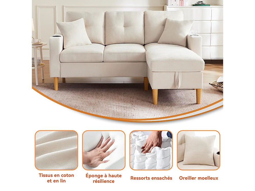 Canapé d'angle moderne L 3 places chaise longue espace rangement porte-gobelet intégré 2 coussins multi-usage beige