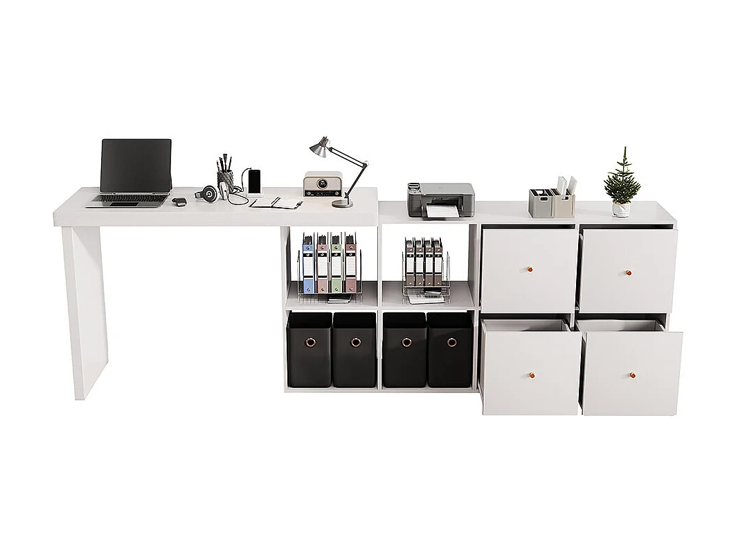 Bureau plateau pivotant 360° disposition L ou droite MDF 4 compartiments 4 tiroirs blanc flexible ordinateur
