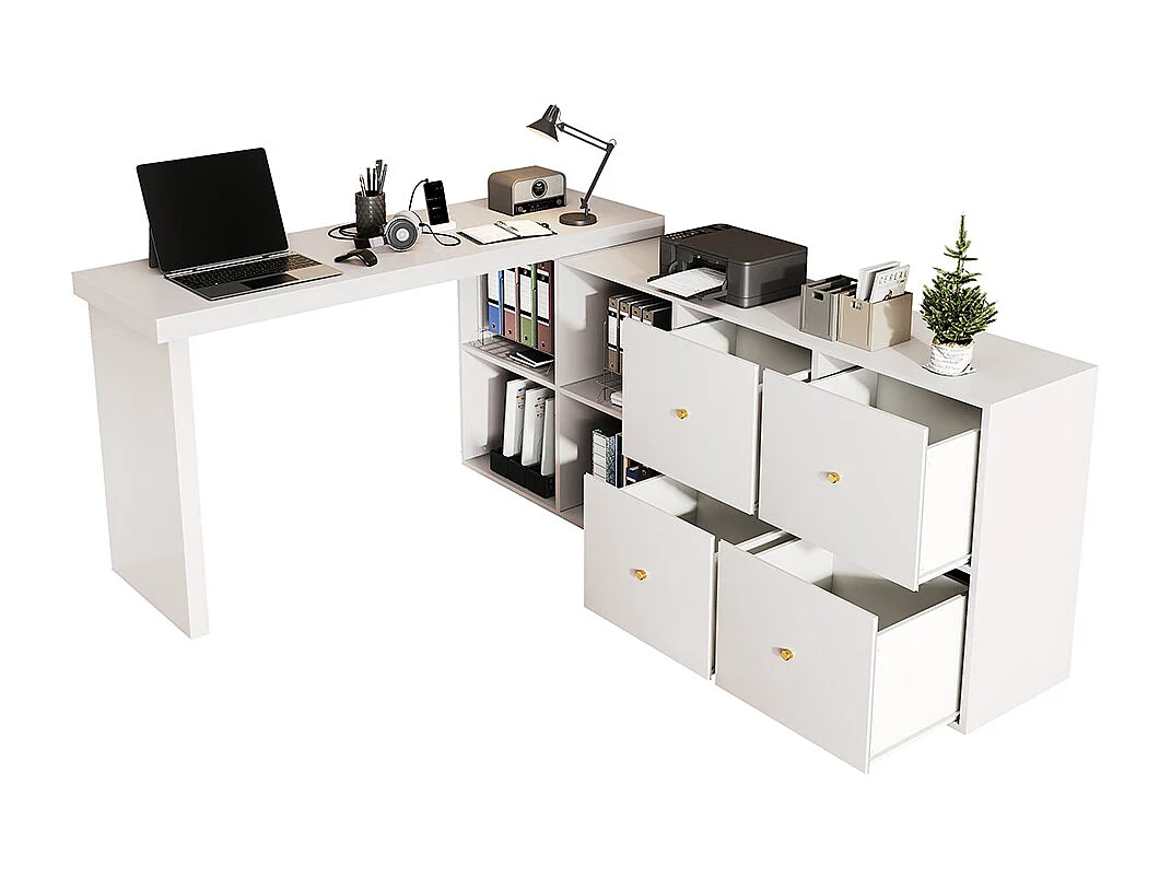 Bureau plateau pivotant 360° disposition L ou droite MDF 4 compartiments 4 tiroirs blanc flexible ordinateur
