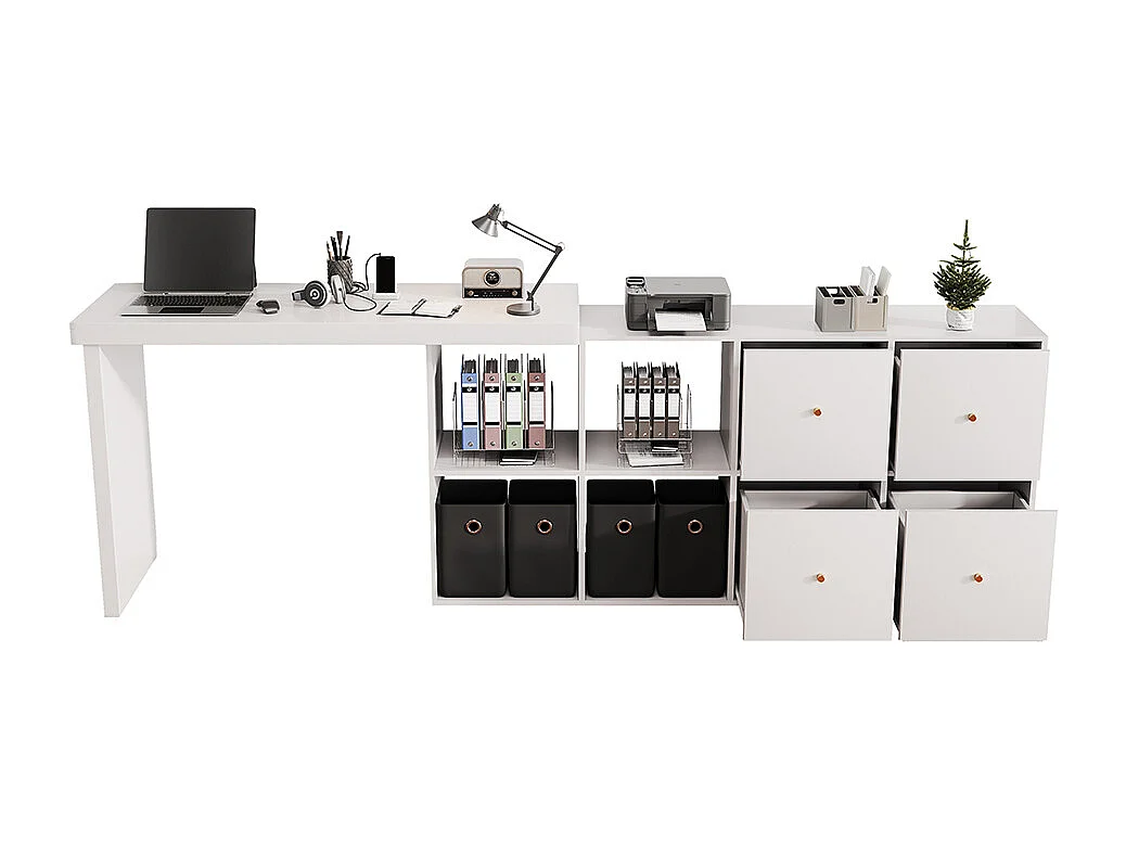 Bureau plateau pivotant 360° disposition L ou droite MDF 4 compartiments 4 tiroirs blanc flexible ordinateur