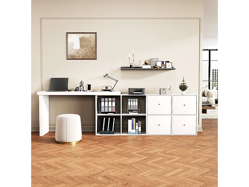 Bureau plateau pivotant 360° disposition L ou droite MDF 4 compartiments 4 tiroirs blanc flexible ordinateur