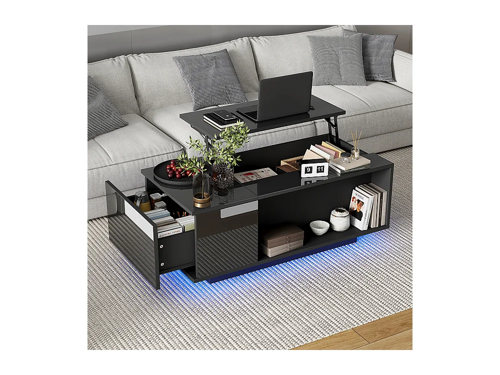 Table basse réglable 100x50x40 cm noir rangement caché LED tiroir