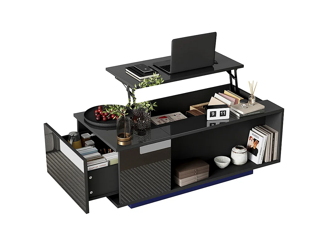 Table basse réglable 100x50x40 cm noir rangement caché LED tiroir