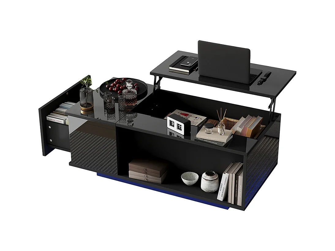 Table basse réglable 100x50x40 cm noir rangement caché LED tiroir