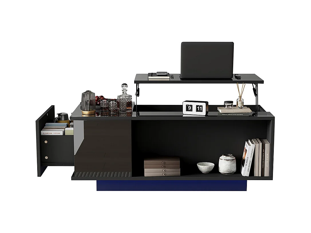 Table basse réglable 100x50x40 cm noir rangement caché LED tiroir