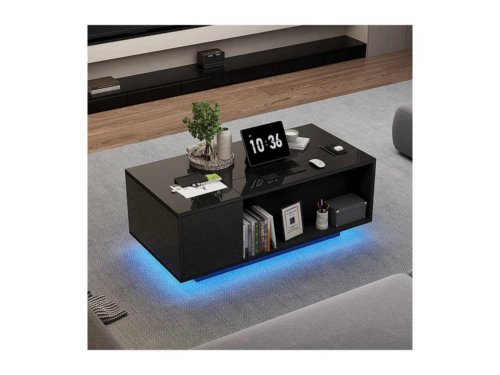 Table basse réglable 100x50x40 cm noir rangement caché LED tiroir