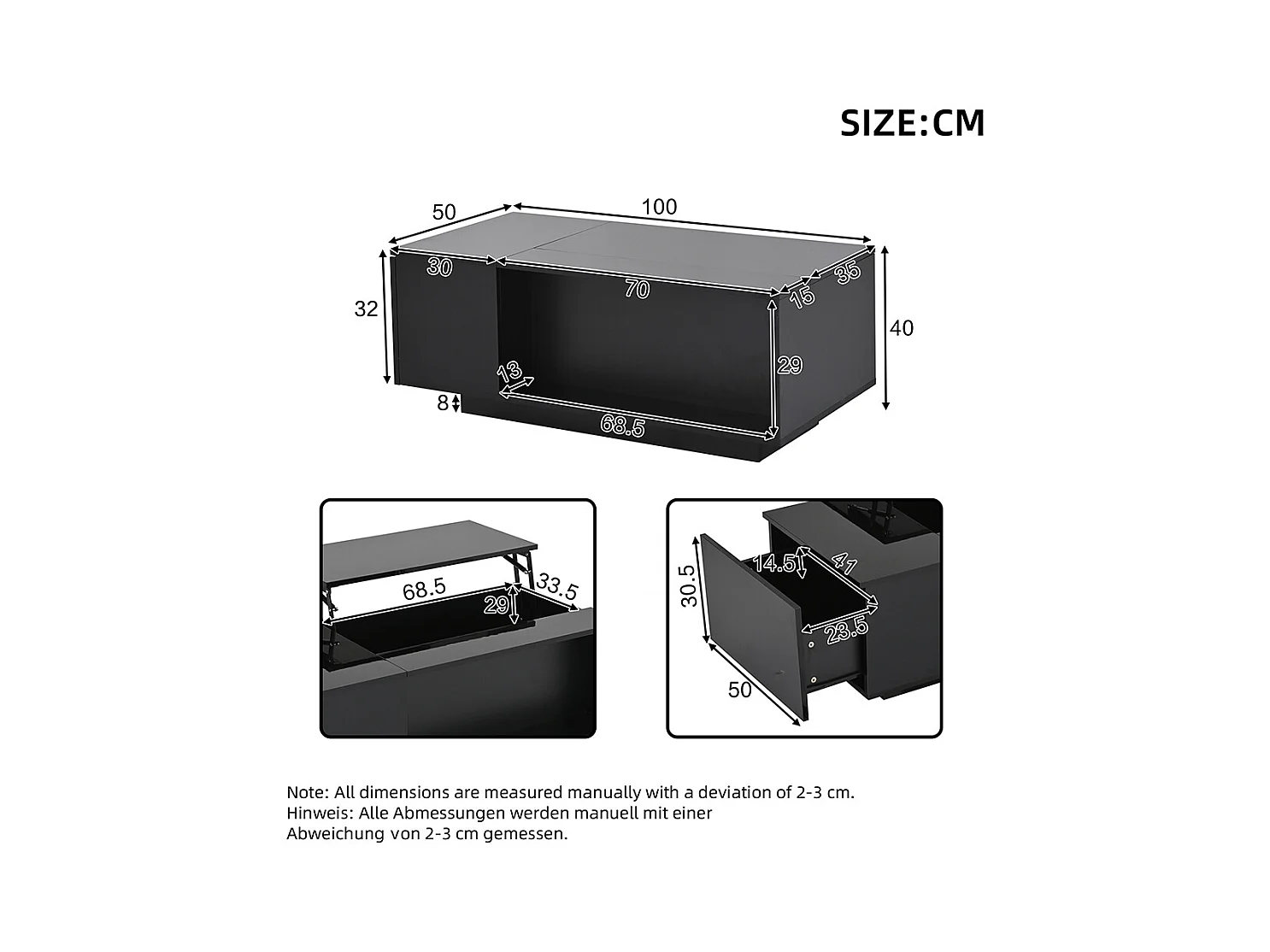 Table basse réglable 100x50x40 cm noir rangement caché LED tiroir