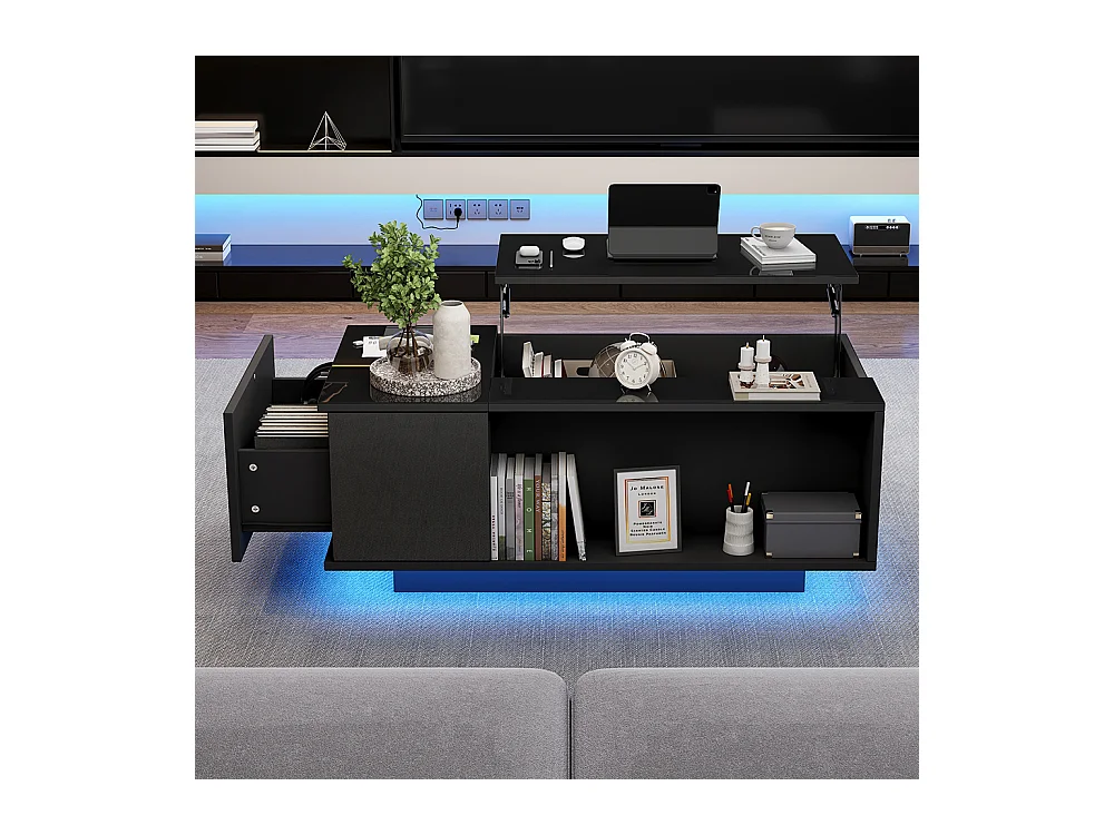 Table basse réglable 100x50x40 cm noir rangement caché LED tiroir