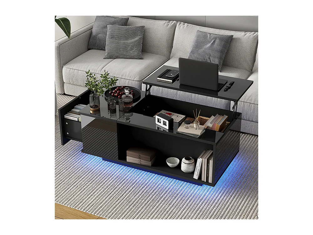 Table basse réglable 100x50x40 cm noir rangement caché LED tiroir