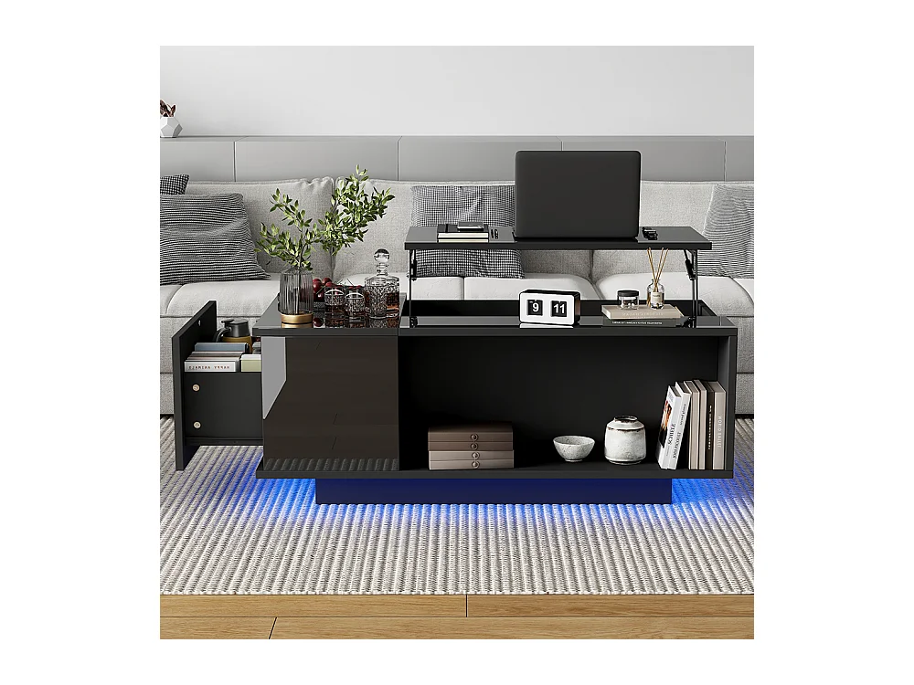 Table basse réglable 100x50x40 cm noir rangement caché LED tiroir
