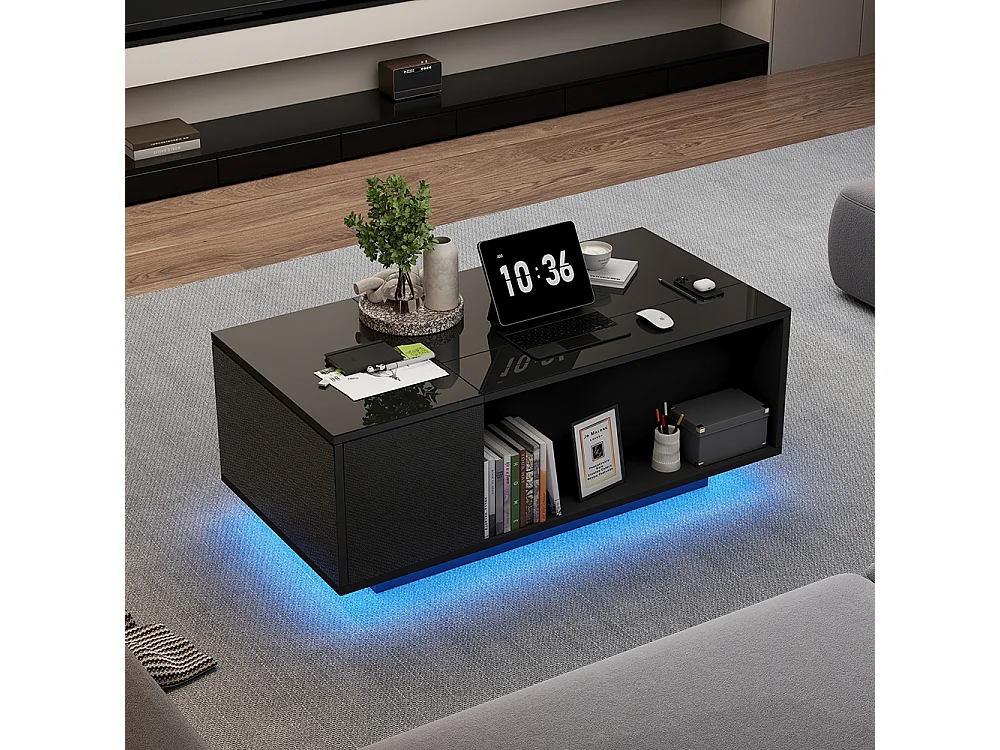 Table basse réglable 100x50x40 cm noir rangement caché LED tiroir