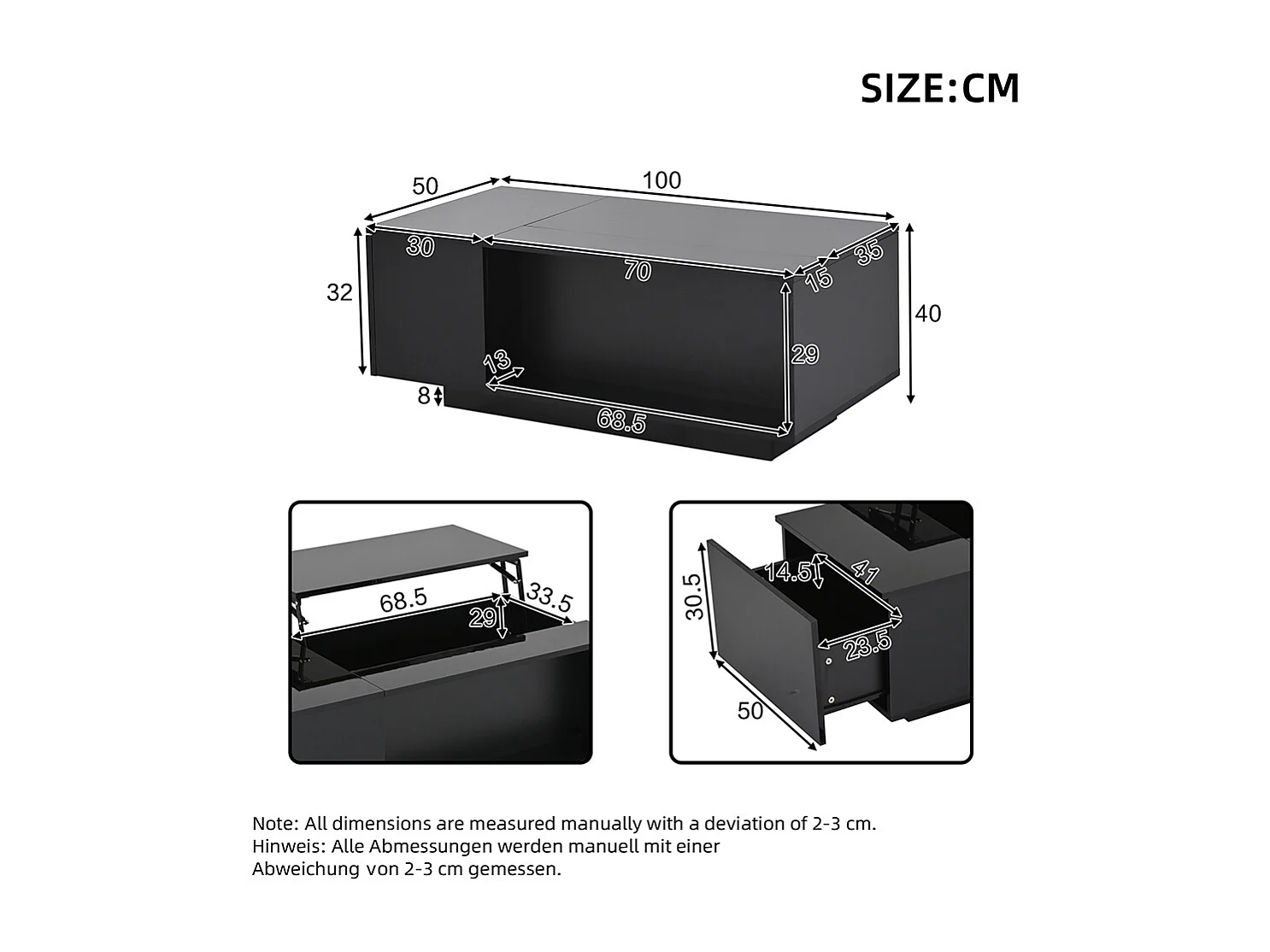 Table basse réglable 100x50x40 cm noir rangement caché LED tiroir