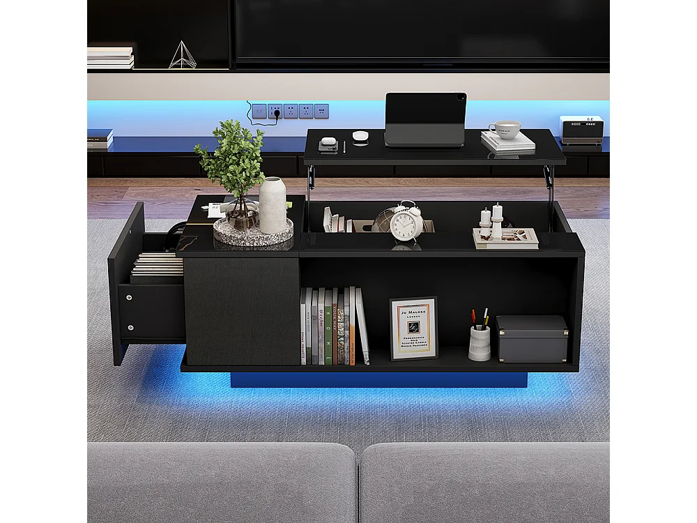 Table basse réglable 100x50x40 cm noir rangement caché LED tiroir