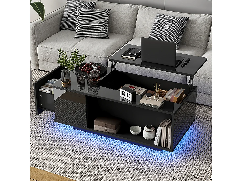 Table basse réglable 100x50x40 cm noir rangement caché LED tiroir