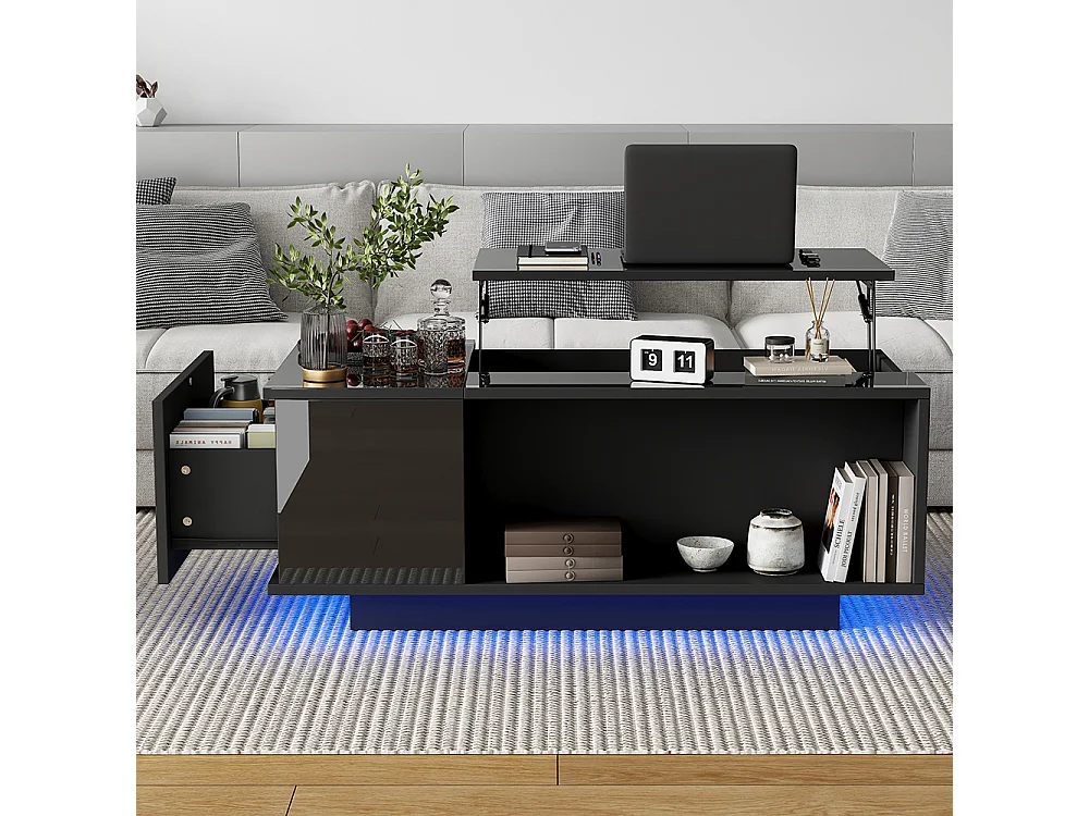 Table basse réglable 100x50x40 cm noir rangement caché LED tiroir