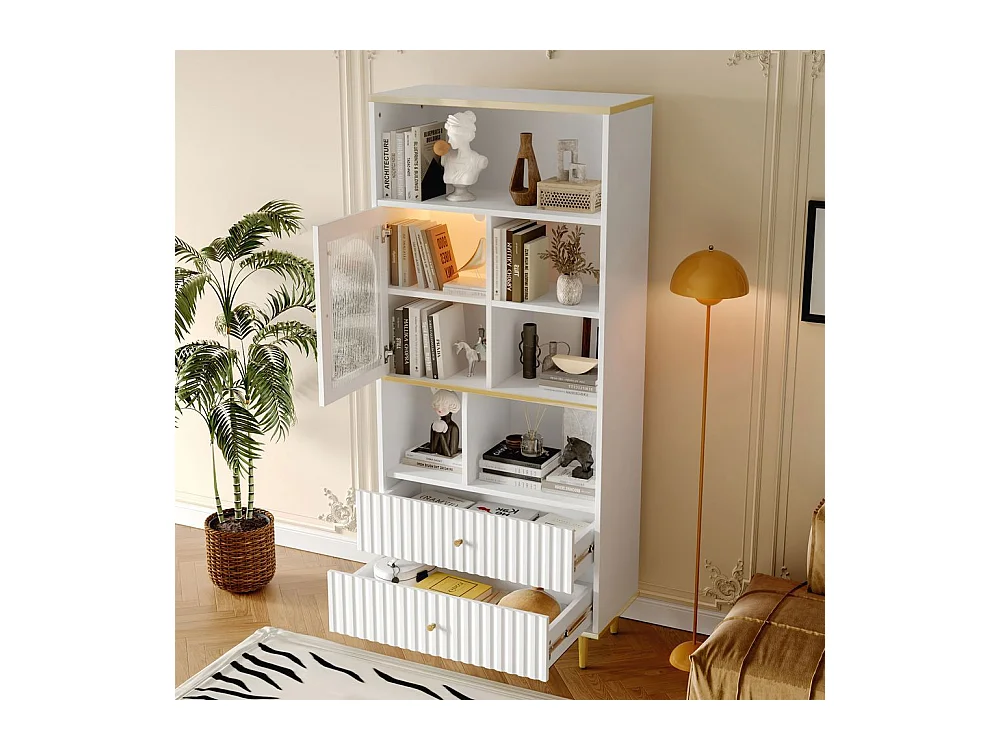 Bibliotheque multifonctionnelle rangement multicouche porte vitree deux tiroirs silencieux bande lumineuse couleur telecommandee pieds metal blanc