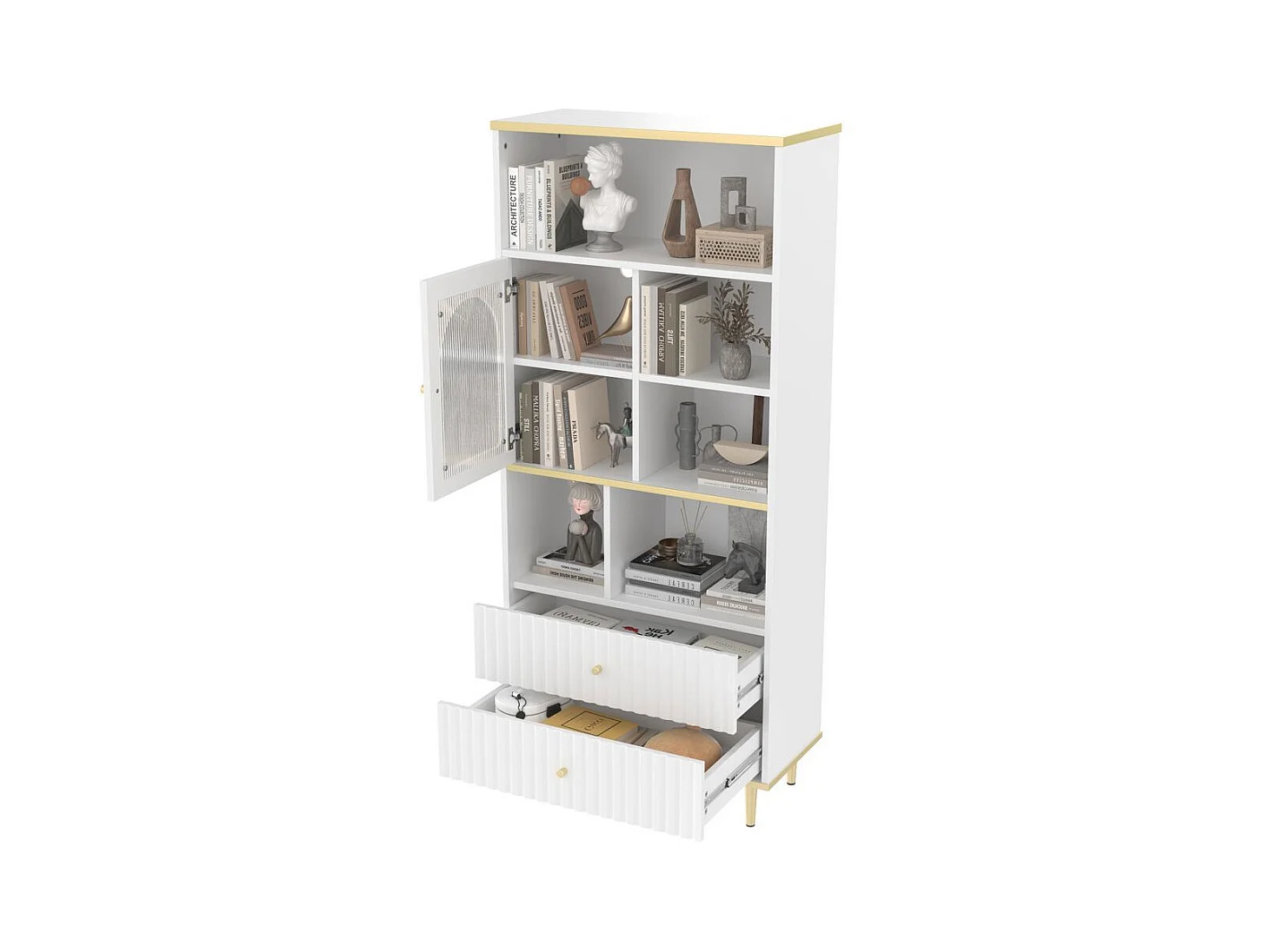 Bibliotheque multifonctionnelle rangement multicouche porte vitree deux tiroirs silencieux bande lumineuse couleur telecommandee pieds metal blanc