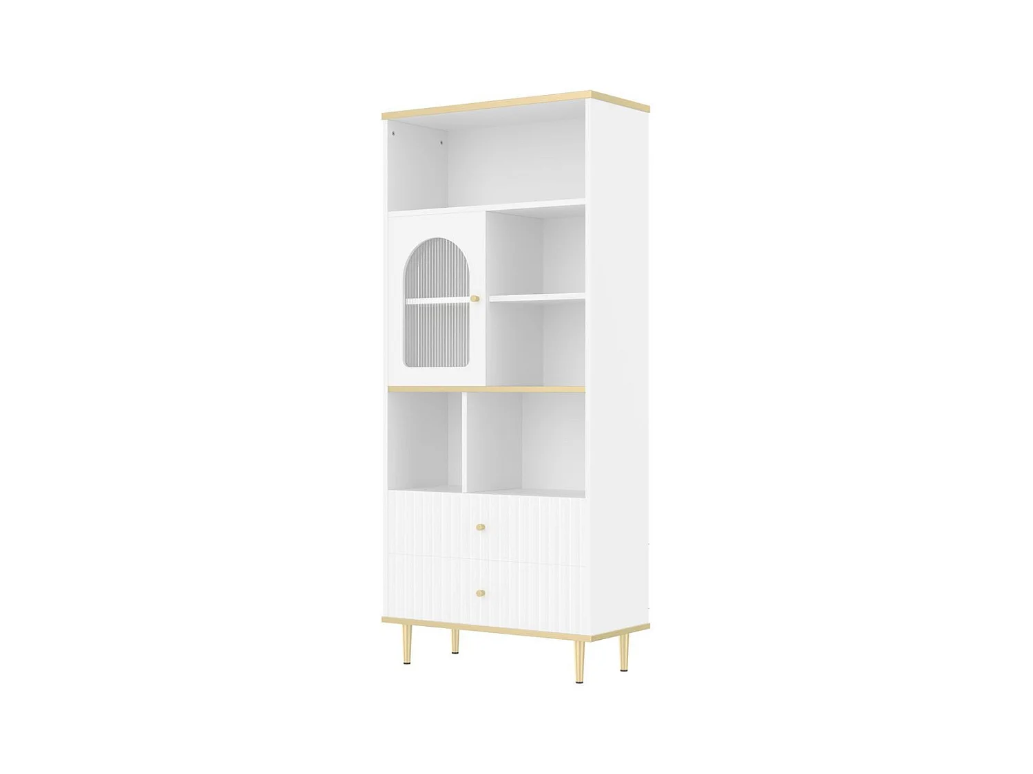Bibliotheque multifonctionnelle rangement multicouche porte vitree deux tiroirs silencieux bande lumineuse couleur telecommandee pieds metal blanc