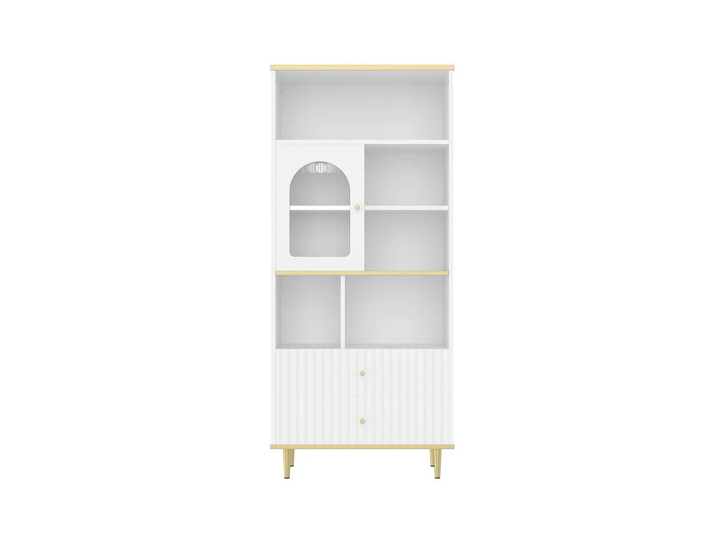 Bibliotheque multifonctionnelle rangement multicouche porte vitree deux tiroirs silencieux bande lumineuse couleur telecommandee pieds metal blanc